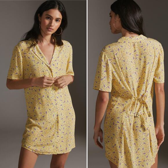 Favorite Daughter Long Button Down Mini Dress Yellow Floral Motif Small - Picture 1 of 10